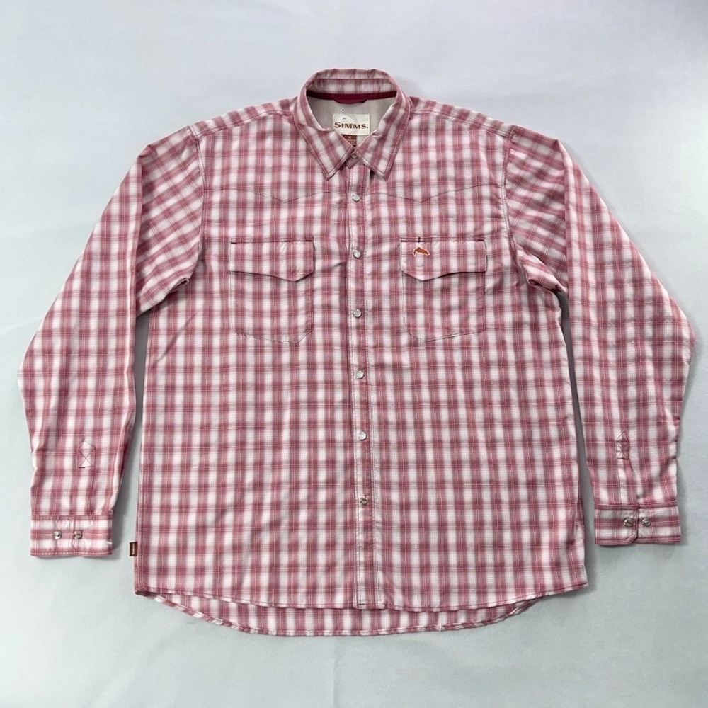 Simms Fishing Shirt Men XL Red Plaid Pearl Snap Vented Western Chest Pockets